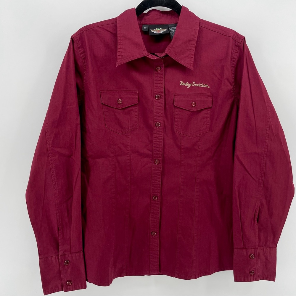 Harley Davidson Womens Button Up Shirt Burgundy Cotton Blend 1W